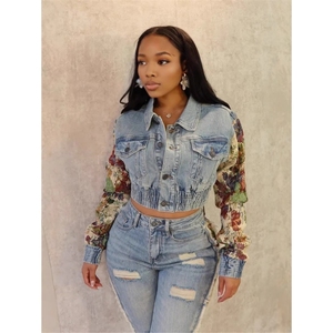 กางเกงยีนส์เดนิมพิมพ์ลายคัลเลอร์บล็อก ชุดลำลองผู้หญิง 2 ชิ้น แฟชั่น - Product Image 4