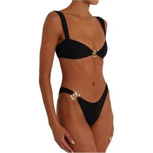 Ensemble de bikini deux pièces pour femme, coupe haute, avec anneau métallique personnalisé, style bandeau, maillot de bain sexy brésilien échancré en Spandex et Nylon extensible - Product Image 1