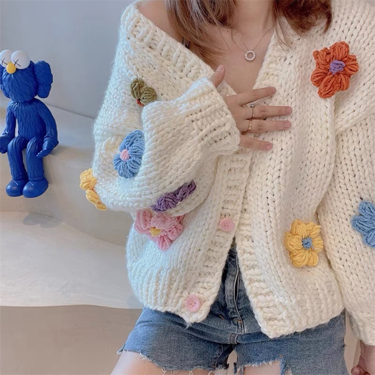 Elegant Floral Pearl Cardigan For Women – 3D Embellished Knit Sweater Coat With Round Neck & Long Sleeves - View #7