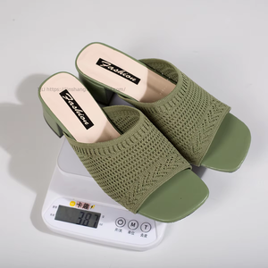 Elegant Plus Size Fly Knit Breathable Mid-heel Slippers New European and American Square Toe <b>Sandals</b> for Women Wholesale - Product Image 4