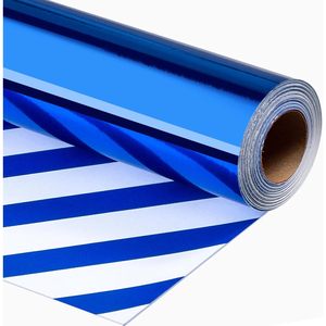 Merture Reversible Royal Blue Wrapping <b>Paper</b> <b>Roll</b> 17 In X 32.8 Ft Metallic Stripe Design Gift <b>Wrap</b> For Baby Shower Birthday - Product Image 1