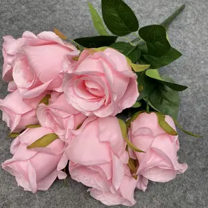 Bouquets de fleurs roses artificielles en tissu à 7 têtes bon marché pour mariage à domicile