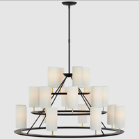 Lustre suspendu LED moderne AB en laiton circulaire à 3 niveaux pour hall d'entrée, avec abat-jour en tissu cuivré pour salon