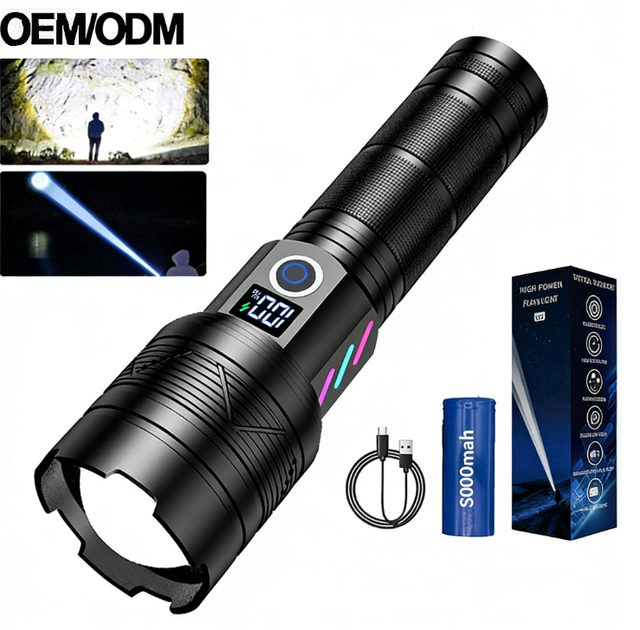 USB-C Rechargeable 1000+ Lumen IP65 Tactical LED Flashlight XHP50 Chipset Long-Range Zoom Aluminum Alloy Powerful Torch Light