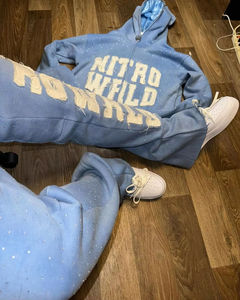 High Quality Custom Patch Embroidered Zip Hoodie Joggers Set Winter Sportswear Flared Sweatpants <strong>Tracksuit</strong> With Rhinestone