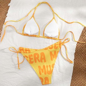 Bikini de dos piezas para mujer, sexy, personalizado, de secado rápido, con estampado de letras, efecto push-up, diseño triangular, con cinturón halter y textura arrugada. - Product Image 3