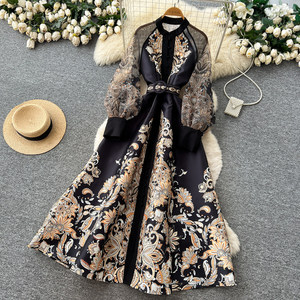 Винтажное платье с цветочным принтом, рукавами-фонариками, воротником-стойкой, летнее, с высокой талией, А-силуэта, элегантное облегающее платье для женщин - Product Image 5