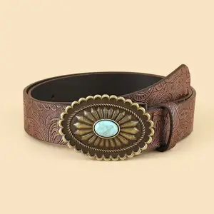 Western Belts for Women Turquoise Belts Vintage Design Embossed Leather Ladies Concho Belts