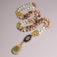 Kalung Citrine Zebra Jasper Mala Liontin Pohon Kehidupan Bentuk Tetesan Air Mata Rantai Sweater Batu Alam Perhiasan Meditasi Yoga