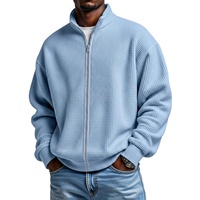 Blouson Bomber Homme Style Américain Effet Vieilli Minimaliste Couleur Unie Col Montant en Maille Gaufrée avec Fermeture Éclair sur le Devant en Polyester