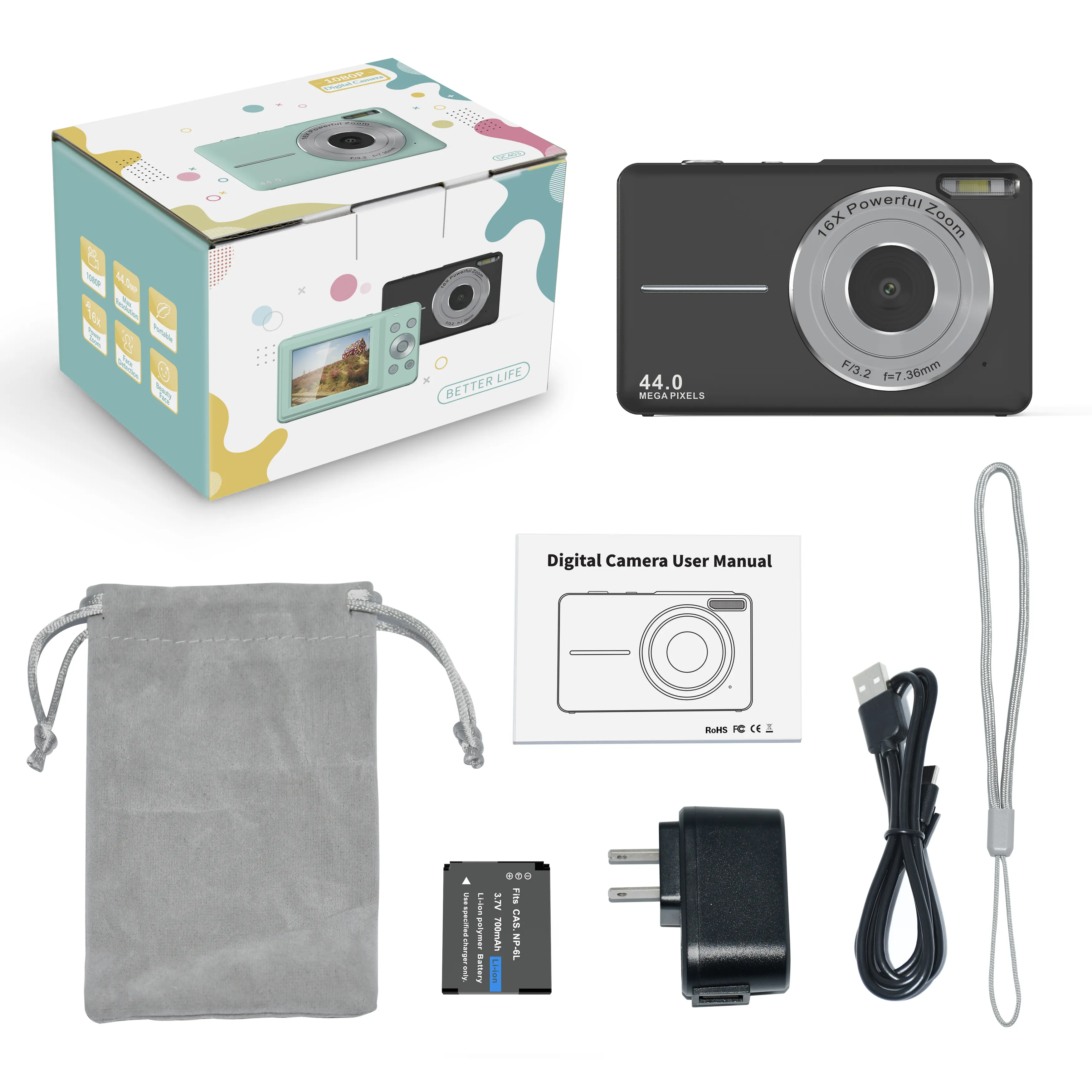 Digitalkamera 1080P FHD Kompaktkamera 44 MP 16 X Digital Zoom einfache tragbare Vlogging-Kamera für Kinder Schüler Anfänger