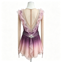 Robe de patinage artistique à dégradé violet rose avec strass, volants et dos en V profond pour filles et femmes