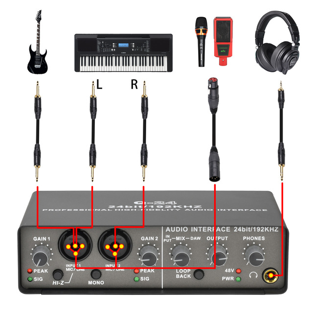 24Bit 192 KHz 2-Channel Recording Sound Card USB Audio Interface Studio Mixer Console for Music on PC or Mobile Phone