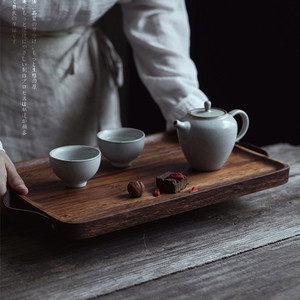 Japanese Style Solid Wood Rectangular <b>Tray</b> With Leather Handle For <b>Tea</b> Coffee Serving Home Use - Product Image 3
