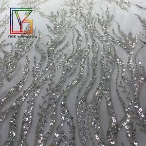 새로운 고급 프랑스산 실버 웨딩 신부용 유리 비즈 레이스와 스팽글 자수 튤 레이스 드레스 원단 - Product Image 4