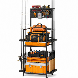 Estante de almacenamiento para cañas de pescar con tablero perforado y cesta de malla metálica; organizador vertical para aparejos de pesca. - Product Image 5