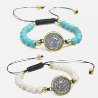 Vintage En Acier Inoxydable Saint Benoît Charme Or Argent Tissage Religieux Bracelet Médailles Catholiques Pulsera Catolica Turquoise