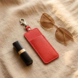Minimalist Cut Heart Shape PU Leather Lipstick Case & Storage <b>Key</b> <b>Chain</b> with Embossing Printing - Product Image 1