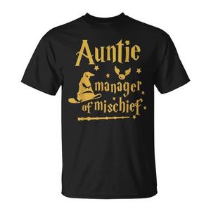 T-shirt Auntie Manager Of Mischief, imprimé noir et or, unisexe, col rond, manches courtes, chemise de fête pour réunion de famille - Product Image 1