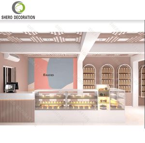 Diseño de panadería comercial, mostrador de exhibición de vidrio para panadería, vitrina de pared de madera para exhibir pan, muebles para panadería. - Product Image 2