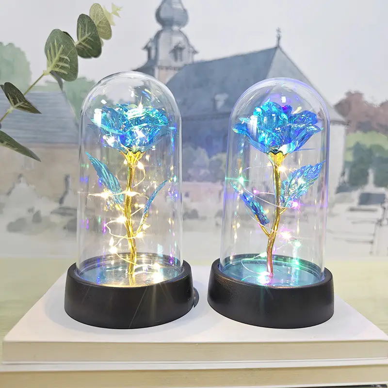 YIZHI Cadeau de la Saint-Valentin Eternal Galaxy Rose Fleurs Rose arc-en-ciel en feuille d'or 24 carats avec lumière LED dans un dôme en verre Base en bois noir