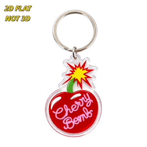 Porte-clés en acrylique mignon, design 'Cherry Bomb' effet explosion de bande dessinée, cerise rouge avec écriture rose et éclat jaune, breloque transparente pour clés et sacs - Product Image 1
