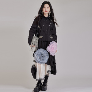 Automne Chic femmes chemises courtes à manches longues et chemisiers haut décontracté orné de perles robustes pour vêtements de rue - Product Image 3