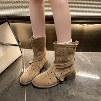 Bottines rétro à boucle creuse pour femmes, talon épais, denim western, respirantes, antidérapantes, durables