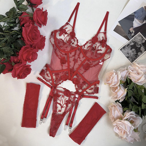 Floral Embroidery Corset Lingerie 3Pcs <b>Set</b> Sheer Mesh Underwire Garter Belt Thong Women <b>Sexy</b> Lace Intimate Underwear Wholesale - Product Image 6