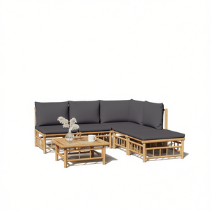 Ensemble de salon de jardin modulaire en bambou, coussins gris foncé, canapé d'extérieur, design contemporain, meubles durables - Product Image 1