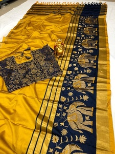 Beautiful Yellow Green <b>Satin</b> Silk Printed Indian Cotton Saree Zardosi Work Long Weaving Pallu Contrast <b>Blouse</b> Pakistani Style - Product Image 4