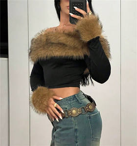 Top con Collo a Barca e Patchwork in Pelliccia Primavera Autunno 2026 T-shirt da <span class=keywords><strong>Donna</strong></span> Y2k Aderente a Maniche Lunghe - Product Image 5