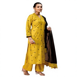Yellow Cotton <b>Kurti</b> With Palazzo Pants And Dupatta Traditional <b>Indian</b> Pakistani Women's Casual Wear Ankle-Length Regular - Product Image 1