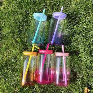 Ready to Ship 50pcs Reusable <b>Clear</b> Gradient Colored Beer Acrylic Can Custom 16oz Ombre <b>Jelly</b> Plastic Cups with Lids and Straws - Product Image 1
