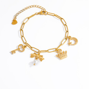 Fashion Charm Bracelet Zinc Alloy 18K Gold Plated Crown Key <b>Bow</b> Pendant Women's Jewelry <b>Gift</b> Yiwu Origin Texture Design - Product Image 5