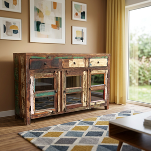 <b>Vintage</b> Recycled Indian Solid Wood Dining Storage Sideboards with Glass Door and 3 <b>Drawers</b> Handcrafted For Hotel Room Farmhouse - Product Image 1