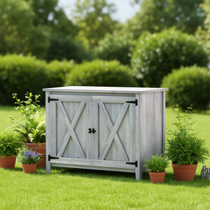 Armadio da Esterno in Legno con Doppia Porta e Ripiano, Grigio - Product Image 2