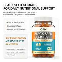 Gummies d'huile de nigelle à marque privée OEM, 60 unités, 500 mg, saveur gingembre, complément alimentaire