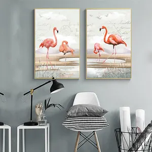 Özel büyük 3D doku İskandinav Modern Flamingo yağ baskı boyama tuval üzerine özel oturma odası duvar sanat dekoru hayvan resimleri