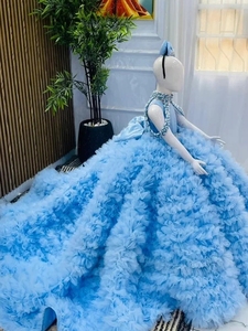 Düğün için özelleştirilmiş Mavi Çiçek Kız Elbisesi Katmanlı Kat Uzunluk Boncuk Lüks Çocuklar Pageant Doğum Günü Partisi Örgün Balo Elbisesi - Product Image 4