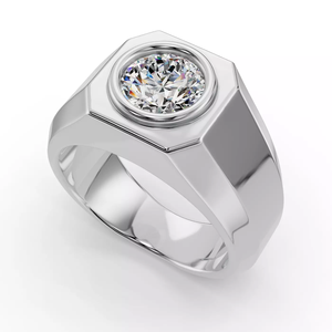 Anillo de declaración personalizado para hombre de oro macizo de 14K con diamante redondo de 1 quilate cultivado en laboratorio, engaste seguro con bisel, acabado pulido para uso diario. - Product Image 2