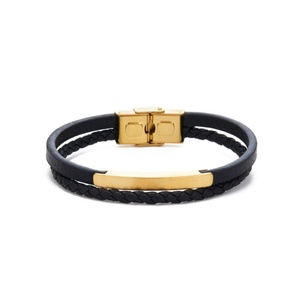 Bracelet pour homme en acier inoxydable 316l personnalisé, gravé, plaqué or 14k 18k, bracelet en cuir tressé multi-couches tendance pour homme - Product Image 5