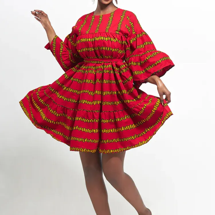 הדפס אפריקאי שכבות מיני שמלת בד שעווה אופנה שמלת שרוול ארוך 100% כותנה אפריקאי נשים שמלת חגורה תואמת