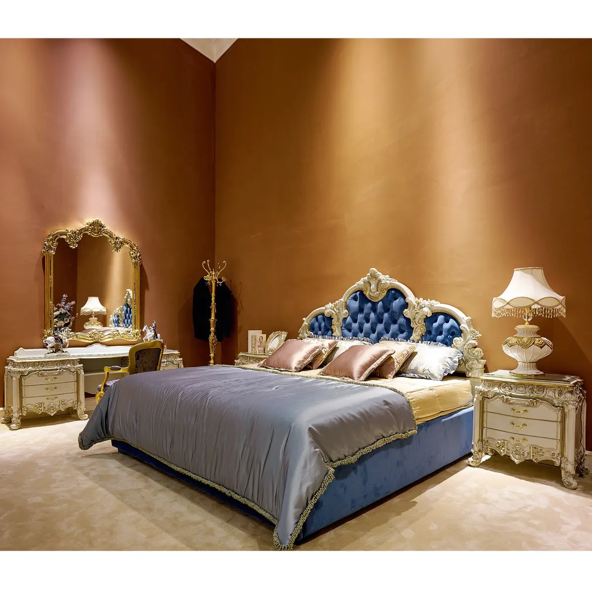 Königlicher Luxus entwirft französisches cremeweißes Rokoko-Schlafzimmer aus Holz