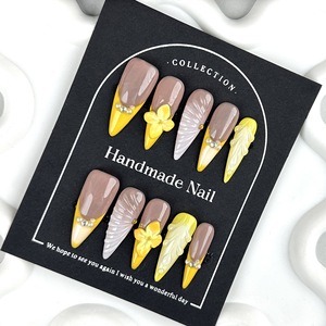 Ongles press-on 100% faits à la main, fleurs 3D, couleur blush, ongles artificiels de taille moyenne, 10 pièces/boîte, ongles en acrylique de haute qualité, vente en gros - Product Image 4