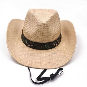 Straw Cowboy <b>Hat</b> with Embroidered Band Western Style Wide Brim Sun <b>Hat</b> <b>for</b> Outdoor - Product Image 1