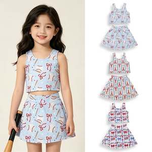 2026 Boutique Kids Girl Activewear Set Baseball Lobster Floral Print Sleeveless Tank Crop <strong>Top</strong> and Tennis Skirt Yoga Outfits - Product Image 1