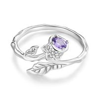 Bague ajustable en argent sterling 925 avec zircon violet en forme de fleur pour femme, bijoux fins romantiques BSR397