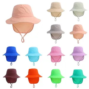 Solid Color Children Bucket Hat With Neck Flap UV Protection Quick Drying Sun Hat Outdoor Boy Girls Shawl Safari Hat Kids