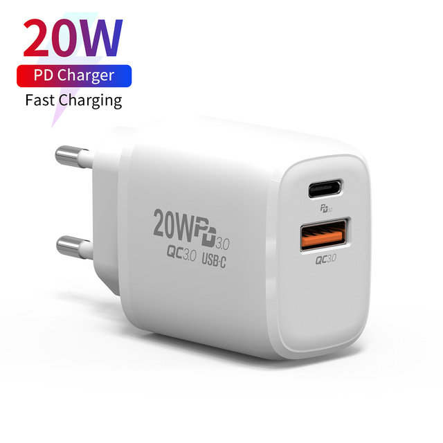 20W PD+QC3.0 Wall Charger with USB+Type C Dual Ports,CE,RoHS